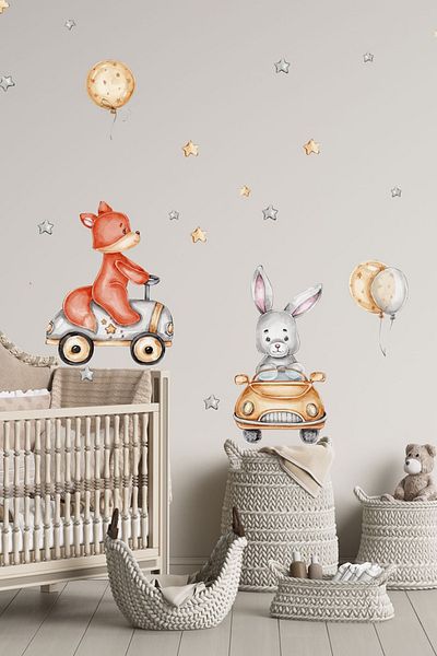 Sim Tasarım Cute Forest Animals in a Race Car Kids Room Wall Sticker Set - Sim674