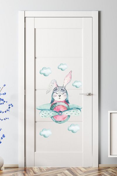 Sim Tasarım Green Pilot Rabbit Boy's Room Door Cabinet Wall Sticker Set