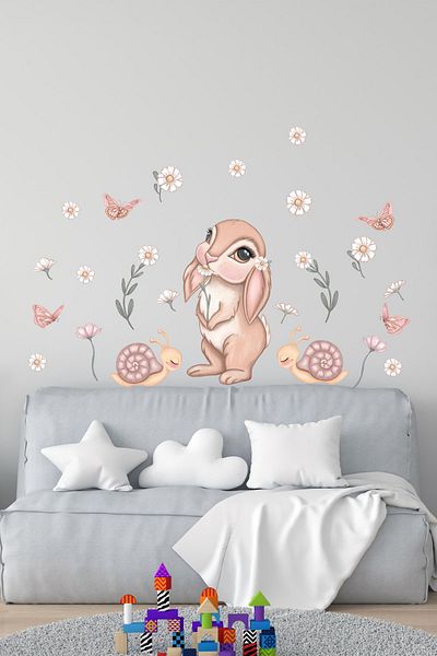 Sim Tasarım Cute Rabbit Daisies Butterflies Kids Room Wall Sticker Set Sim396