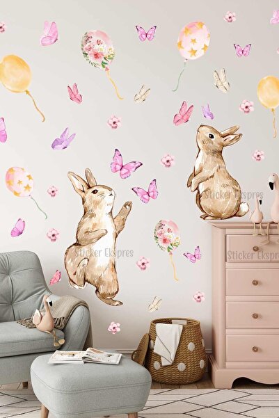 Cute Rabbits Playing with Butterflies Kids Room Wall Stickers Set