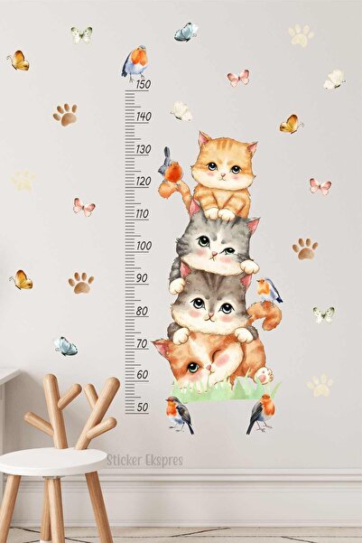 Sticker Ekspres Sevimli Kediler Boy Cetveli Boy Ölçer Çocuk Odası Duvar Sticker Seti