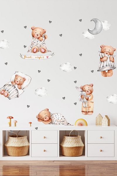 Sim Tasarım Sim377 Mega Size Cute Bears Sleep Well Kids Room Wall Sticker Set