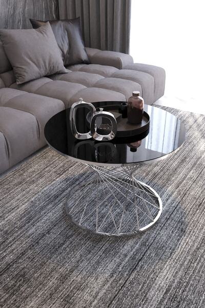 Nies Aksesuar Hasır Telli Orta Sehpa Gümüş Ayak Füme Ayna