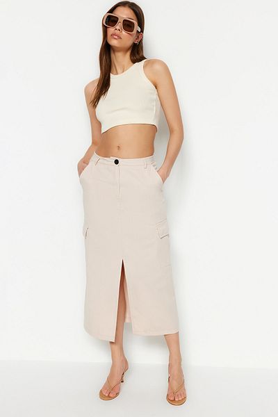 Trendyol Collection Ткана спідниця з прорізними кишенями кольору екрю TWOSS23ET00363