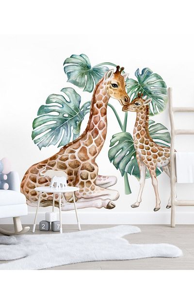 Sim Tasarım Sm361 Large Size Mother Baby Giraffe And Tropical Leaves Wall Sticker Set