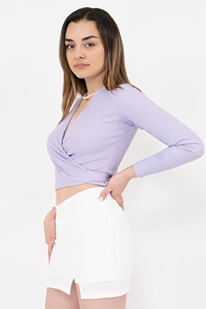 Soyo Women's Lilac Double Breasted Long Sleeve Tied Crop Top Blouse