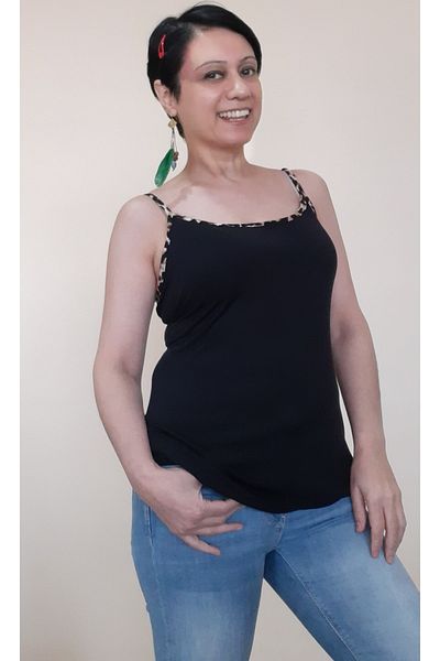 Mertcan Butik Leopard Piping Detailed Rope Strap Black Combed Cotton Viscose T-Shirt