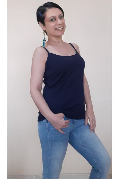 Mertcan Butik Navy Blue Combed Cotton Viscose T-Shirt with Rope Strap