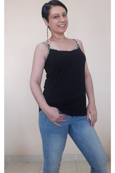 Mertcan Butik Black Combed Cotton Viscose T-Shirt with Floral Piping Detail and Rope Strap