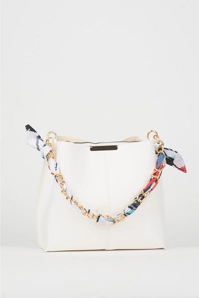 skyyouaccesories Eșarfă crem și accesoriu lanț din piele moale Geantă de mână și geantă de umăr cu 3 compartimente