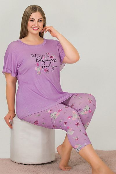 quilling Lilac Color and Floral Patterned Lady 10643 Oversize Large Capri Pajama Set