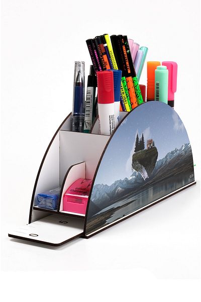 kutuTR Wooden Vip Galaxy Model Rainbow Ruled Desktop Pen Holder Organizer Assembled Boxed