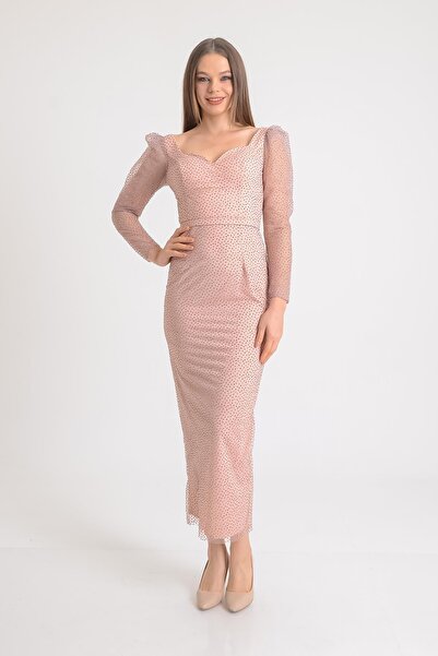 SpringStore Pudra Kare Yaka Simli Abiye Elbise