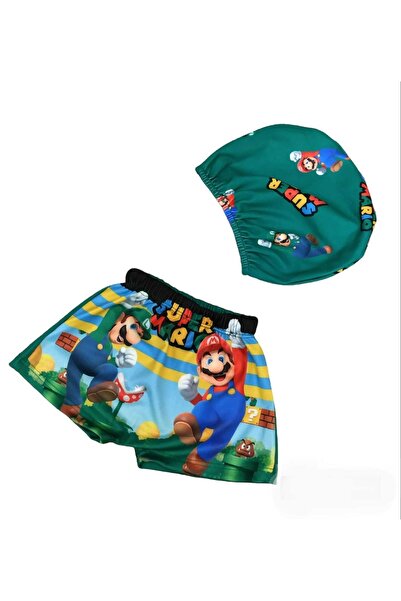 YDBKStore Erkek Çocuk (2-8yaş) Super Mario Baskılı Mayo Takım(mayo+bone)
