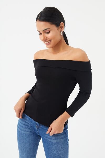 Hanna's by Hanna Darsa Women's Black Knitted Cotton Long Sleeve Pool Collar Blouse
