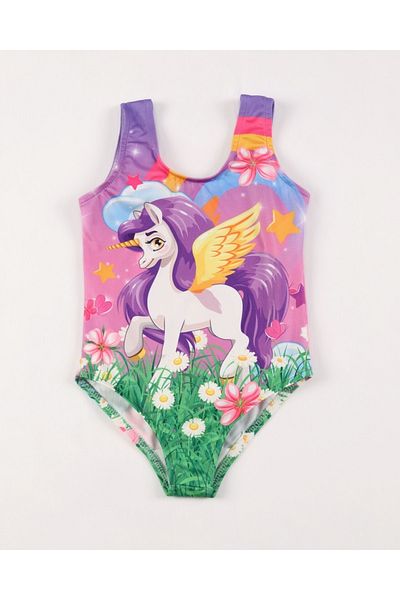 Gülersan Tekstil Girl's Swimsuit Floral Unicorn Digital Printed Sea Pool Swimsuit
