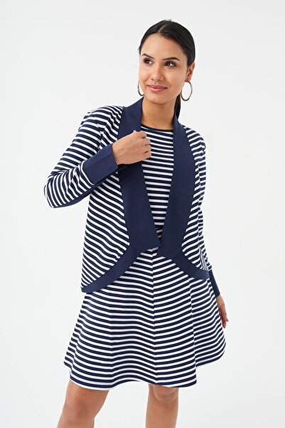 Hanna's by Hanna Darsa Kadın Lacivert-beyaz Kumaş Detaylı Çizgili Ceket Hn058