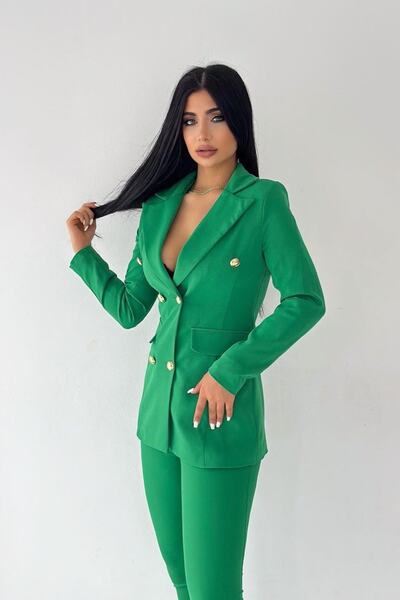 Moda Collection Flexible Fabric - Buttoned and Pocketed Blazer Jacket and Pipe Leg Belted Trousers Set
