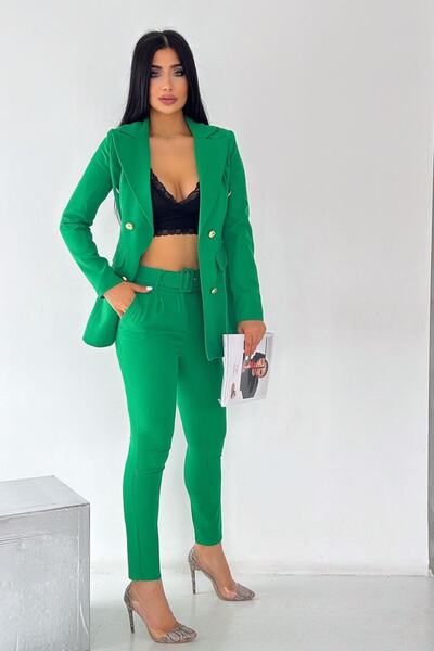 Moda Collection Flexible Fabric - Buttoned and Pocketed Blazer Jacket and Pipe Leg Belted Trousers Set