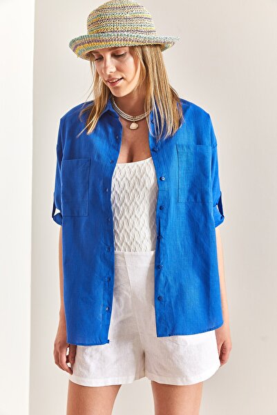 Bianco Lucci Cămașă oversize de in pentru femei cu buzunar dublu