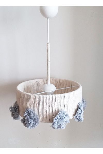 C&A&B KUZEY AVİZE Ecru Macrame Rope Wrap Gray Large Pompom Design Baby - Child - Teen Room Design Pendant Lamp Chandelier