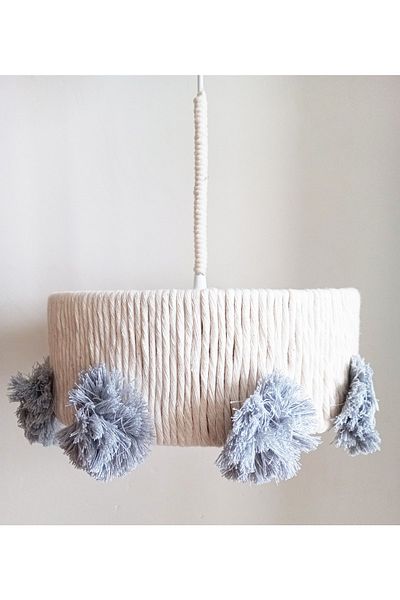 C&A&B KUZEY AVİZE Ecru Macrame Rope Wrap Gray Large Pompom Design Baby - Child - Teen Room Design Pendant Lamp Chandelier