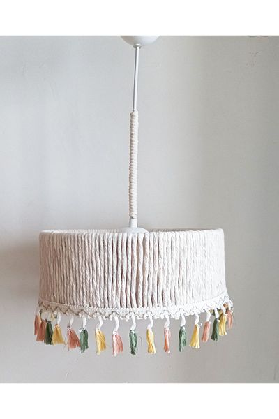 C&A&B KUZEY AVİZE Cylinder Ecru Macrame Rope Wrap Fringed Bedroom-baby-child-teen Room Design Pendant Lamp Chandelier
