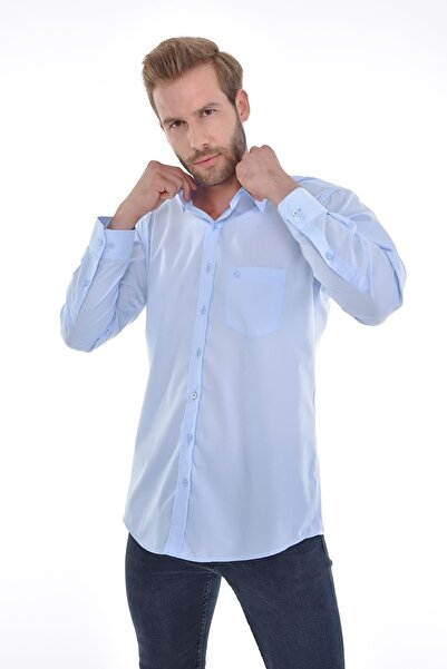 Çizgi Triko Κλασικό γιακά με τσέπες Κλασικό ανδρικό μακρυμάνικο πουκάμισο μονόχρωμο μπλε του πάγου