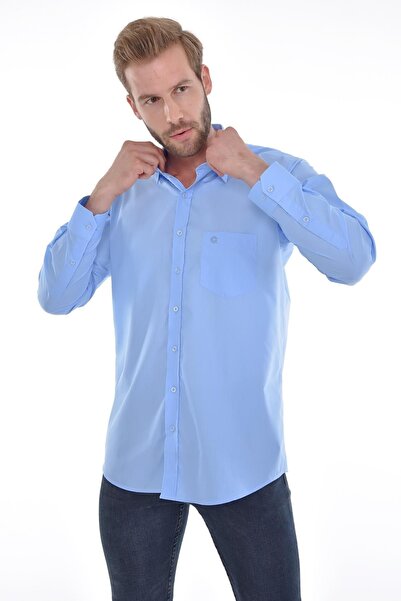 Çizgi Triko Κλασικό γιακά με τσέπες Κλασικό μονόχρωμο γαλάζιο μακρυμάνικο ανδρικό πουκάμισο