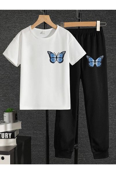 LePold Top Tricou alb Partea de jos cu imprimeu fluture negru Fete/Băieți Tricou și trening oversize