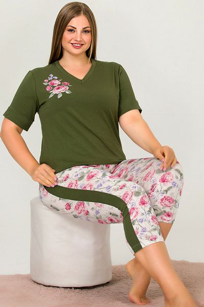 Jenny Daphne Set pijamale Capri cu mâneci scurte pentru damă, mărimi plus, 10644