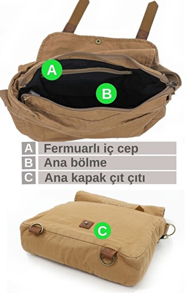 Old Cotton Τσάντα Cargo 8045 Camel Ταχυδρομικός Φακός Ώμου Από Καμβά για Ταμπλέτα Έγγραφα Laptop Σχολείου Notebook