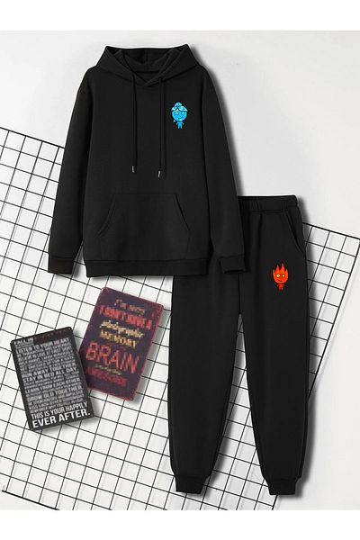 Mythologie Unisex Water and Fire Printed Bottom-Top Set Combination - Jogger, Rubber Leg, Hooded, Oversize
