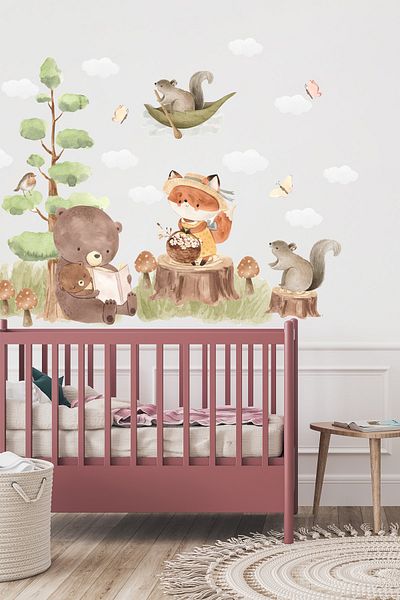 Sim Tasarım Story Time in the Forest - Mother Bear Reading a Book Children's Room Wall Sticker Set