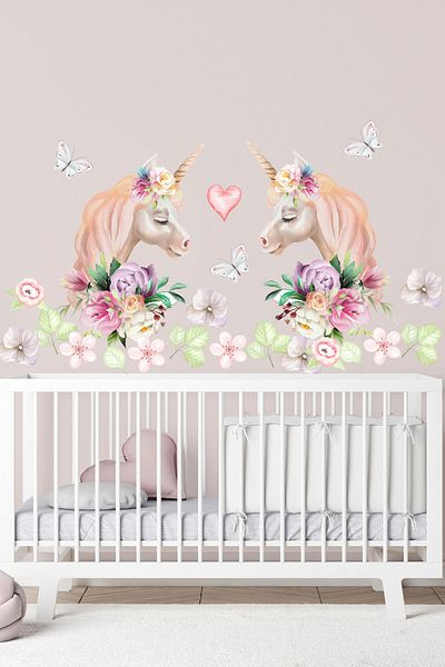 Sim Tasarım Twin Unicorn Watercolor Flowers Baby Girl Kids Room Wall Sticker Set