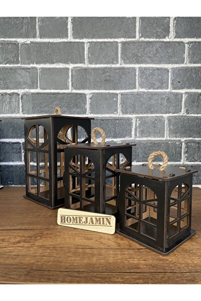 HomeJamin 3'lü Mini Ahşap Dekoratif Süs Fener Seti Hint Penceresi Motif