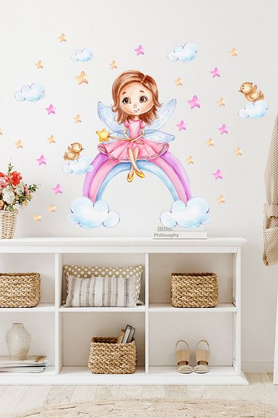 Sim Tasarım - Cute Girl Sitting in the Rainbow Wall Sticker Set