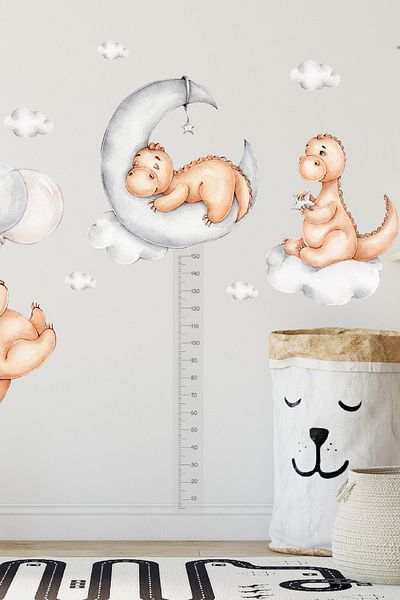 Sim Tasarım Triple Dinosaurs with Height Gauge Kids Room Wall Sticker Set