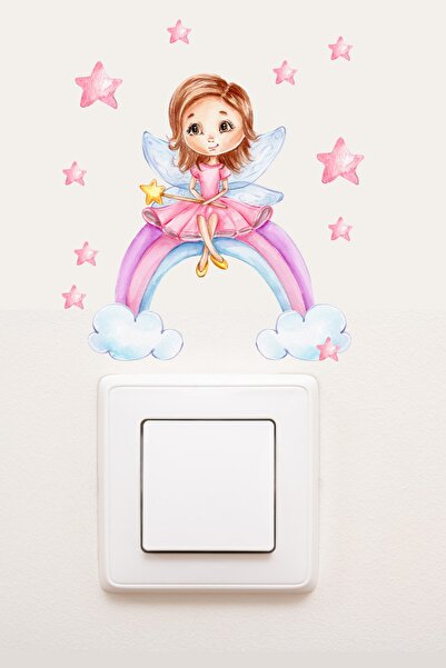Sim Tasarım - Priz - Gökkuşağında Oturan Sevimli Kız Çocuk Odası Dekoratif Pr...