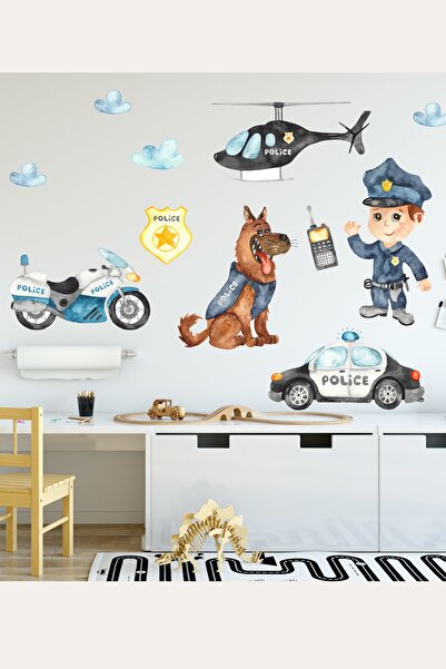 Sim Tasarım Set de autocolante de perete pentru camera copiilor cu poliție drăguță și câine