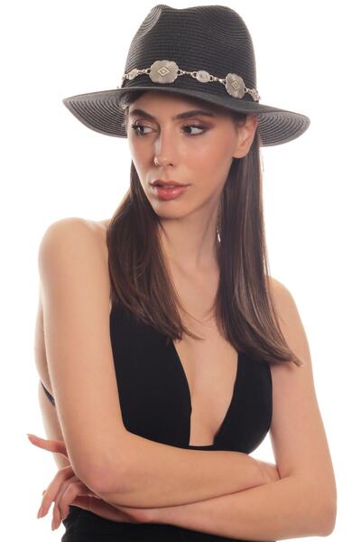 LABALABA Women's Antique Silver Plated Metal Belt Detailed Original Design Black Color Straw Hat