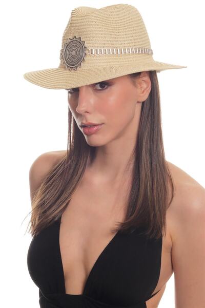 LABALABA Women's Antique Silver Plated Metal Belt Detailed Original Design Beige Color Straw Hat