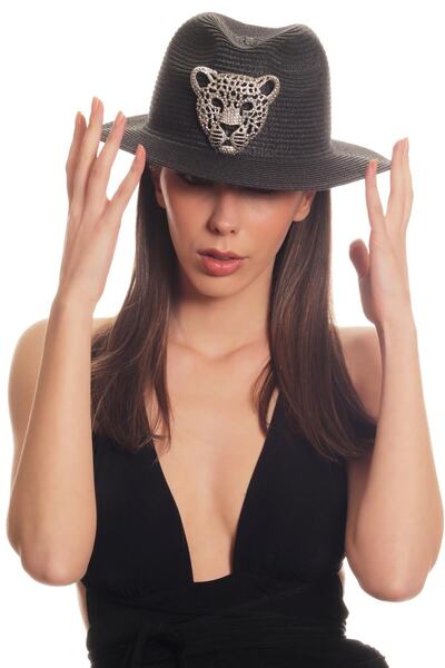 LABALABA Women's Antique Silver Plated Leopard Piece Detailed Original Design Black Color Straw Hat