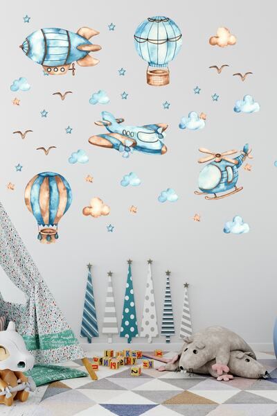 Sim Tasarım - Aircraft Plane Zeppelin Helicopter Kids Room Wall Sticker Set -...