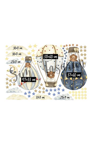 Sim Tasarım Air Balloons with Teddy Bears Flying Balloon Kids Room Wall Sticker Set - Sim728