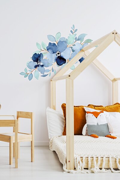 Sim Tasarım مجموعة ملصقات حائط مزخرفة بألوان مائية وزهور وأوراق زرقاء - Sim631