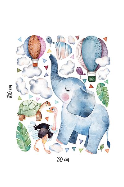 Sim Tasarım Elephant Ostrich Air Balloons Cute Animals Kids Room Wall Sticker Set