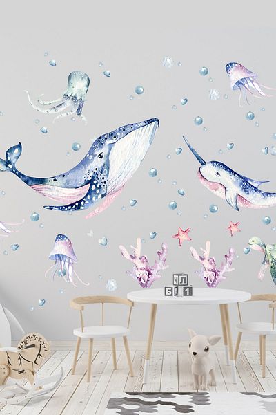 Sim Tasarım Sim400 - Life Under the Sea Watercolor Sea Creatures Decorative Kids Room Wall Sticker