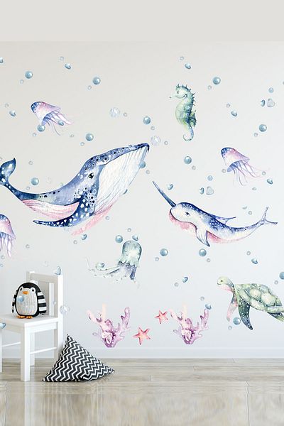 Sim Tasarım Sim400 - Life Under the Sea Watercolor Sea Creatures Decorative Kids Room Wall Sticker