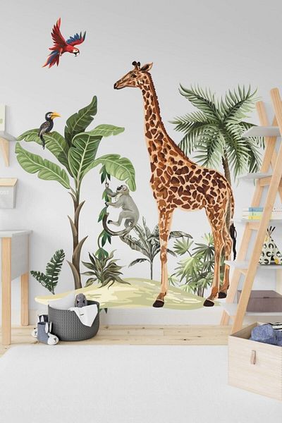 Sim Tasarım Safari Tropical Animals And Trees Kids Baby Room Wall Sticker